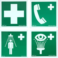 Rettungszeichen: Erste Hilfe, Notruftelefon, Notdusche, Augendusche (Nachleuchtend) nach ISO 7010